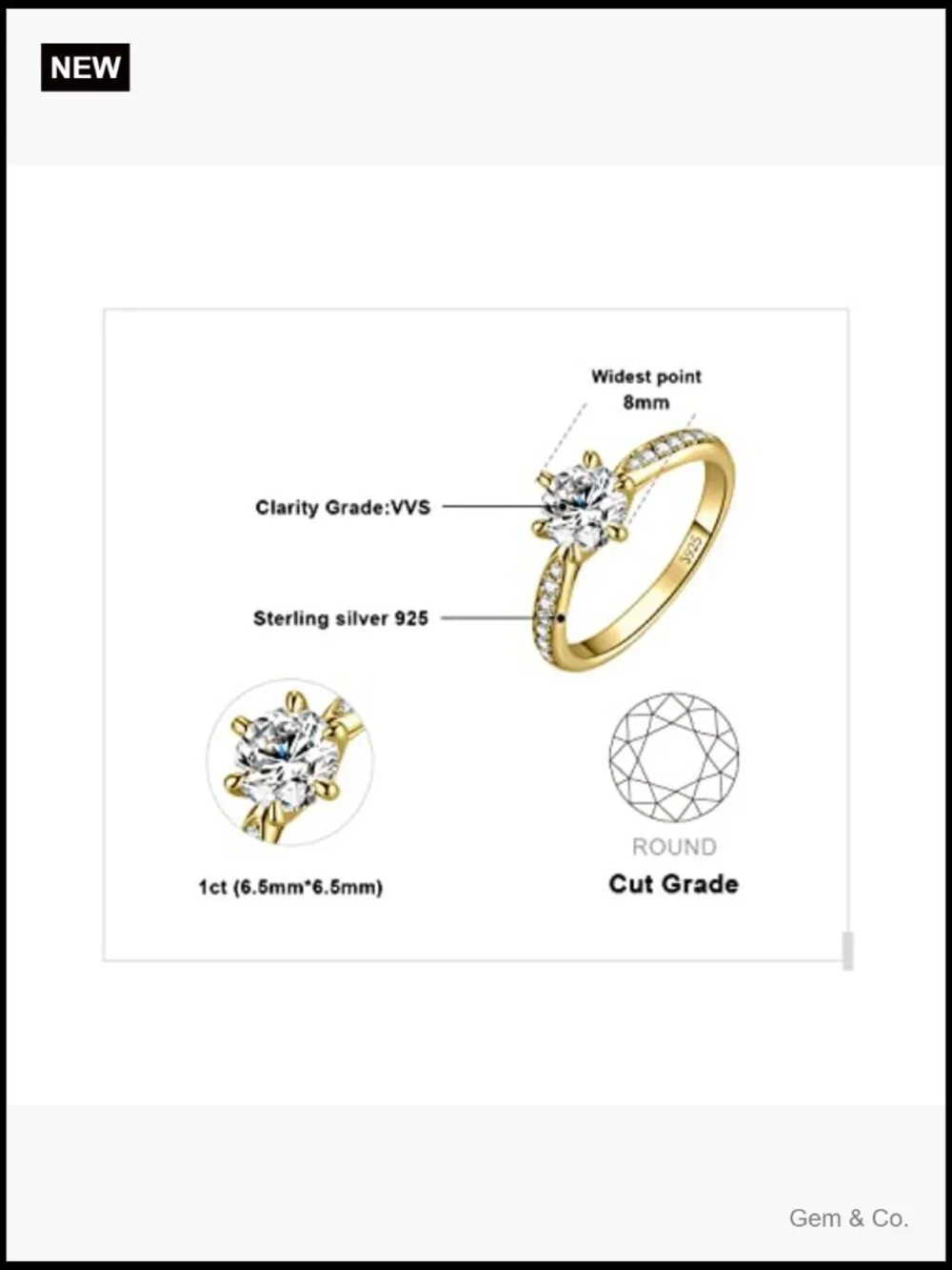 1ct Moissanite Solitaire Engagement Ring, 925 Sterling Silver, Round Cut